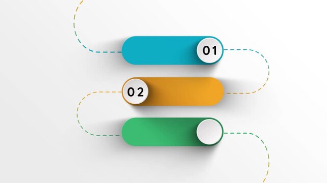 Business video infographics with three box and dashed line. 2d animation visualization with 3 steps for diagram, flowchart, banner, presentations, web, content, levels, chart, graphic
