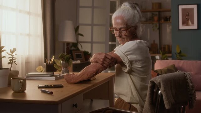 Medium shot of senior Caucasian woman with chronic diabetes sitting at table alone at home, reading book, then checking blood glucose monitor patch on arm, managing autoimmune disease