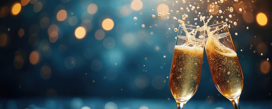 Two champagne flutes clink together in a celebratory toast. Bubbles rise and splash in golden liquid against a dark blue, bokeh light background. Festive cheers mark a special event.