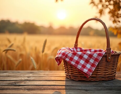 Wicker picnic basket with red checkered cloth rests on wood table. Golden wheat field backdrop suggests harvest time or late summer day. Ready for outdoor meal - Powered by Adobe