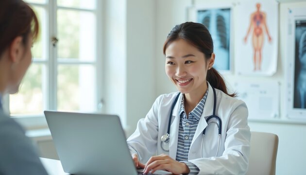 Smiling Asian female doctor consults patient via laptop video call. She wears a white coat and stethoscope. Medical charts visible on wall in clinic.