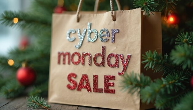 Cyber Monday sale shopping bag with decorative text in front of Christmas tree. Festive offer for consumers on online retail holiday. Presents gifts with discounts during winter season. - Powered by Adobe