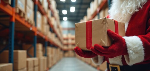 Santa Claus stands in a warehouse full of boxes holding a gift. He is ready for holiday delivery and helping with online retail order distribution.