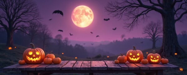 Fototapeta premium Carved pumpkins with glowing faces sit on a wooden table. Bats fly under a large full moon in a misty purple night sky, spooky autumn landscape.
