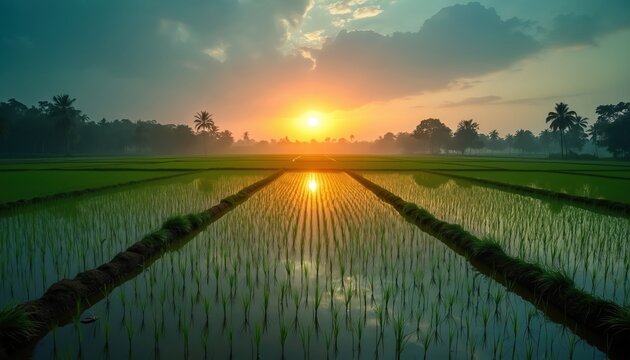 Rice fields at sunset in rural India. Green rice plants grow in waterlogged field. Sun sets behind trees, casts golden light on landscape. Monsoon season brings life to agricultural land. Peaceful - Powered by Adobe