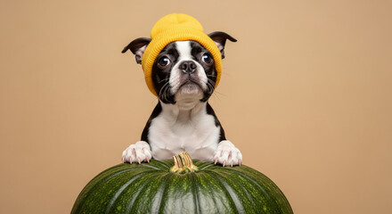 Small black and white dog with yellow beanie resting on a green pumpkin, symbolizing autumn, harvest, and pet fun, for seasonal or animal concepts