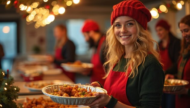 Joyful blonde woman volunteer in red hat, apron smiles brightly, holding large tray of hot food. Serves delicious festive Christmas meals to hungry people in need, spreading warmth, compassion,