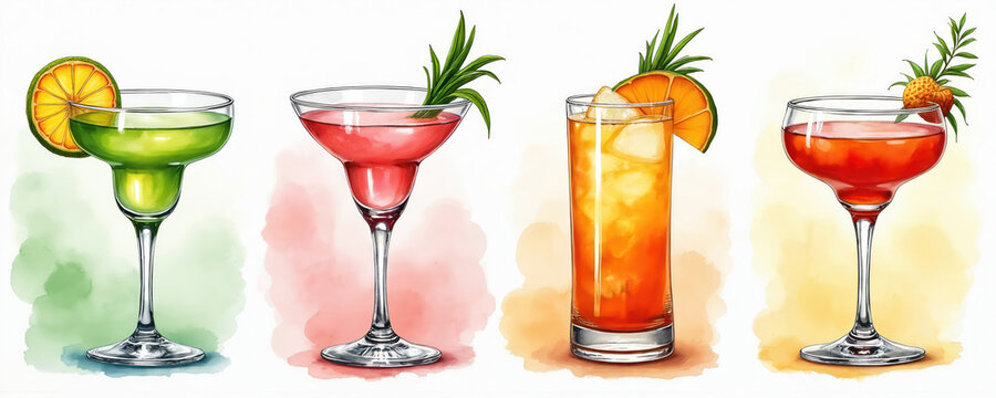 Four vibrant watercolor cocktails stand in row on white background. Include green margarita, pink martini, orange long drink, red coupe glass. Features fresh fruit herb garnish, great for bar menu.