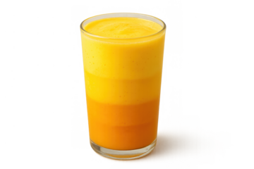 Tropical layered smoothie in glass with fresh mango and orange flavors, summer healthy beverage on transparent background