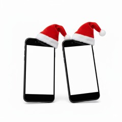 Two smartphone mockups with Christmas hats isolated on white