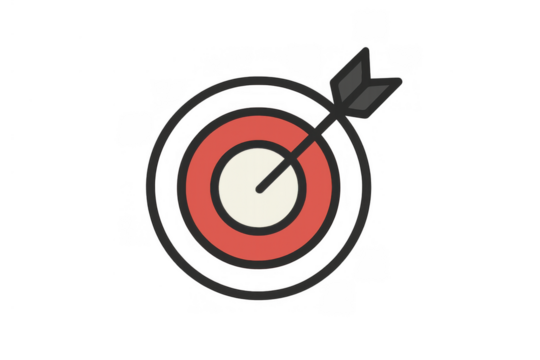 Icon of a target with an arrow hitting the bullseye, representing business goals, achievement, success, focus, and precision