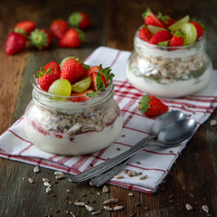 Homemade yogurt with muesli, strawberries and grapes in glass jars on a wooden table