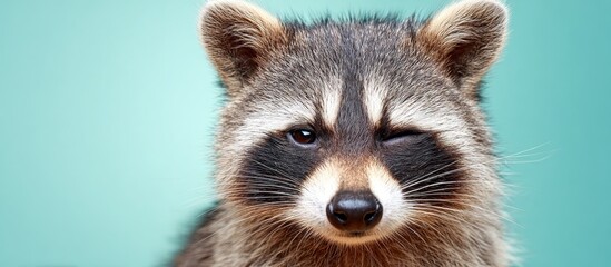 Obraz premium Close up of a raccoon winking against a teal background.