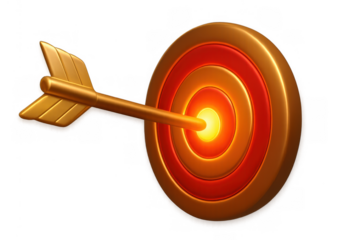 Gold arrow hitting bullseye on a target, achieving business success and reaching investment goals, 3d render on transparent background