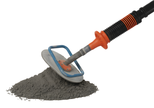 A grout float tool with an orange handle presses into a pile of dry gray mortar mix on a white background.