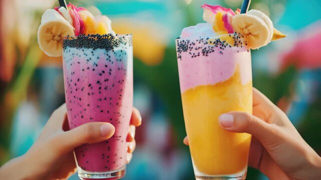 Drinks with pink and yellow cream, likely smoothies or milkshakes, held aloft by two hands at an outdoor venue.