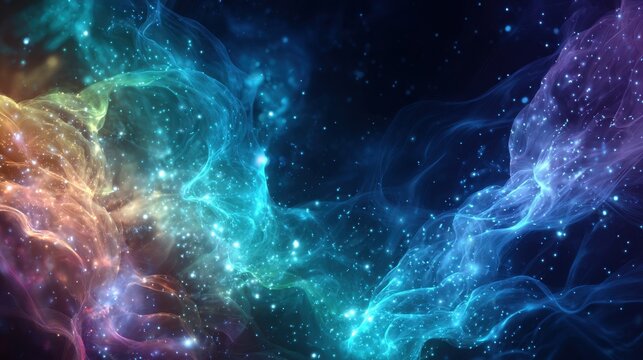 Swirling clouds of colorful cosmic gas and stars form an enchanting scene in deep space. A mixture of vibrant blues, purples, greens, and oranges creates a dreamlike atmosphere.