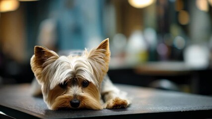Yorkshire terrier dog in a grooming salon concept for pet care and animal beauty services