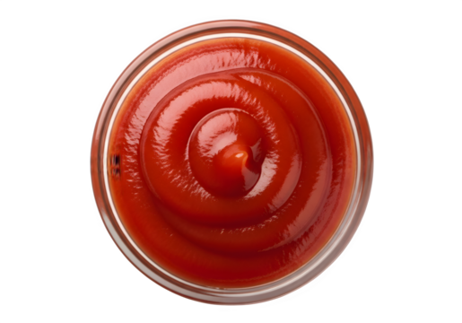 "Bowl of Ketchup Swirl Isolated on Transparent Background PNG – High-Resolution Flat Lay Tomato Sauce Image"