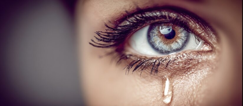 Close up of a womans eye with a tear rolling down her cheek.