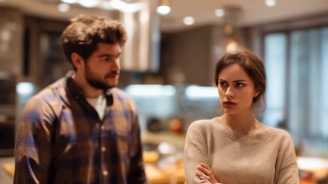Woman with crossed arms looking away from blurred man. Relationship problem with couple having argument. Conflict and communication breakdown.