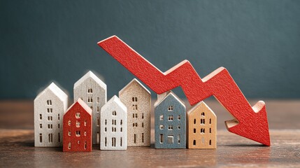 Real estate market downturn concept featuring miniature houses and downward trending arrow, illustrating economic challenges and uncertainty