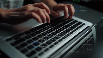 Dynamic close-up image of hands actively typing on a laptop keyboard. The background features lines of code, illustrating the exciting world of programming and technology. Xenic - Powered by Adobe