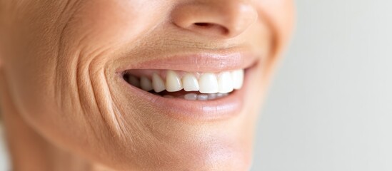 Close up of a womans smiling mouth with wrinkles.
