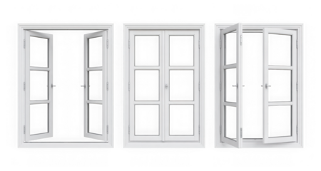 White modern window set in various states: open, closed, ajar isolated on transparent background