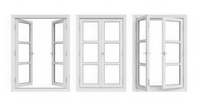 White modern window set in various states: open, closed, ajar isolated on transparent background
