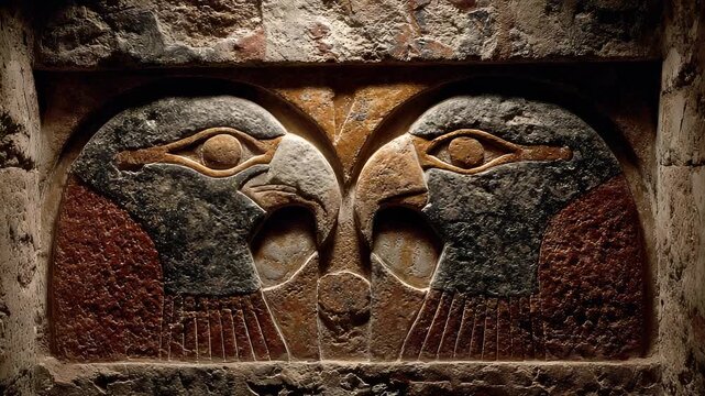 Ancient Egyptian Carving of Twin Horus Falcons, Sandstone Relief Sculpture, Temple Wall Art, Archaeological Site, Cultural Heritage, Historical Artifact