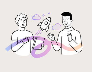 Set of illustrations people are holding a workshop. Workflow, growth, graphics. Business development, milestones, start-up. linear illustration Icons infographics. Landing page site print poster. Line