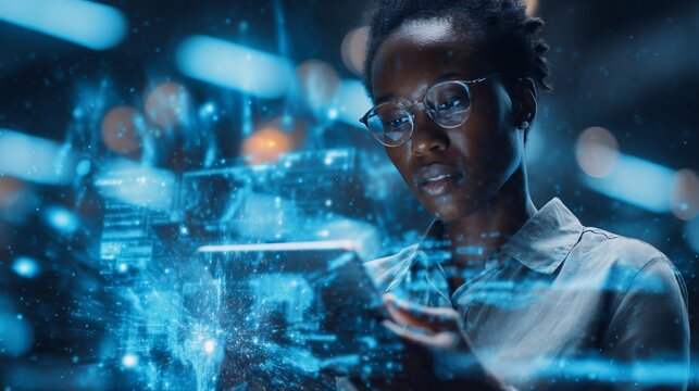 Futuristic female engineer studies complex data on tablet, driving innovation with digital solutions in a cutting edge environment