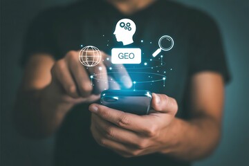 Generative Engine Optimization (GEO) concept. Businessman use generative engine optimization on smartphone for view search results from internet network