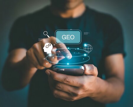 Generative Engine Optimization (GEO) concept. Businessman use generative engine optimization on smartphone for view search results from internet network