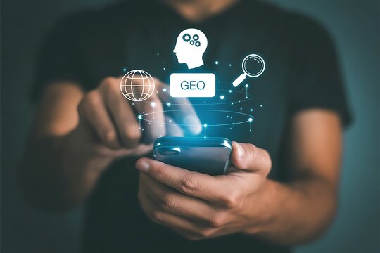 Generative Engine Optimization (GEO) concept. Businessman use generative engine optimization on smartphone for view search results from internet network