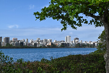 View of the buildings of Ipanema in Rio de Janeiro, across the Rodrigo de Freitas Lagoon