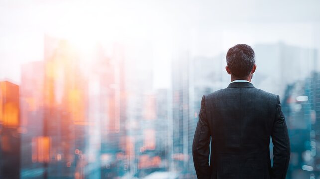 Visionary businessman gazing at stunning cityscape, contemplating future success and growth, leadership ambition in modern architecture