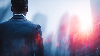 Powerful businessman looking at financial growth in the city, envisioning market success and strategic investment opportunities for future prosperity