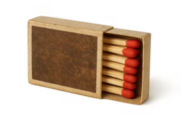 Matchbox with wooden matches and red tips, providing fire, light, and energy, on transparent background