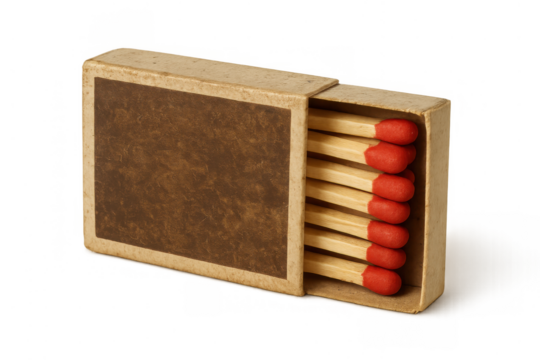 Matchbox with wooden matches and red tips, providing fire, light, and energy, on transparent background