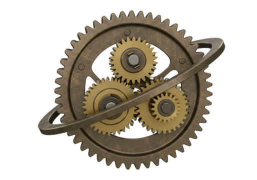 Steampunk gears isolated PNG on transparent background, intricate cogwheel mechanism for vintage design and industrial concepts
