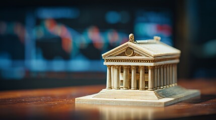 Financial stability concept, miniature bank building with stock market graph, symbol of trust and investment, financial institution model