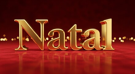 Letreiro 3D dourado “Natal” com fundo vermelho elegante e iluminação suave natalina