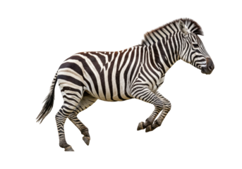 Running zebra PNG isolated on transparent background, wild animal with black and white stripes for design and educational use