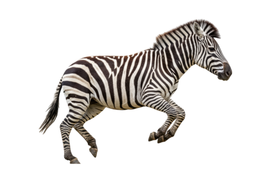 Running zebra PNG isolated on transparent background, wild animal with black and white stripes for design and educational use