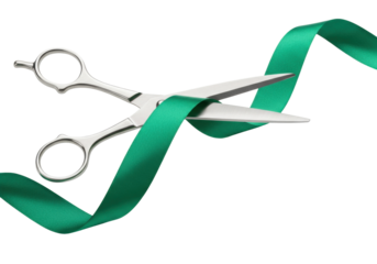 Shiny silver scissors cutting a green ribbon isolated PNG, grand opening celebration and business success concept on transparent background