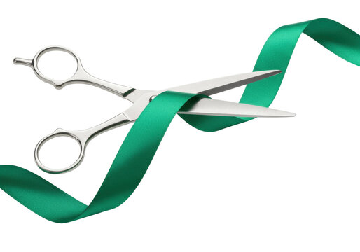 Shiny silver scissors cutting a green ribbon isolated PNG, grand opening celebration and business success concept on transparent background