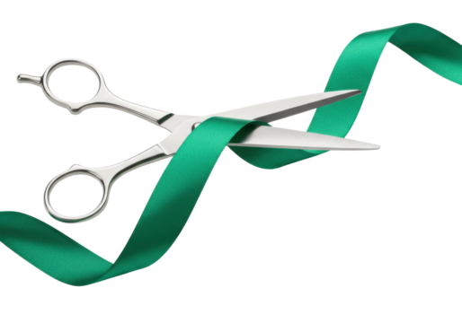 Shiny silver scissors cutting a green ribbon isolated PNG, grand opening celebration and business success concept on transparent background