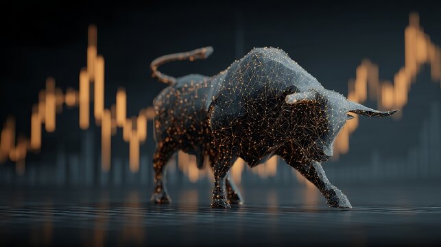 Powerful bull poised for market surge, representing financial strength and investment opportunities with modern design and vibrant color - Powered by Adobe
